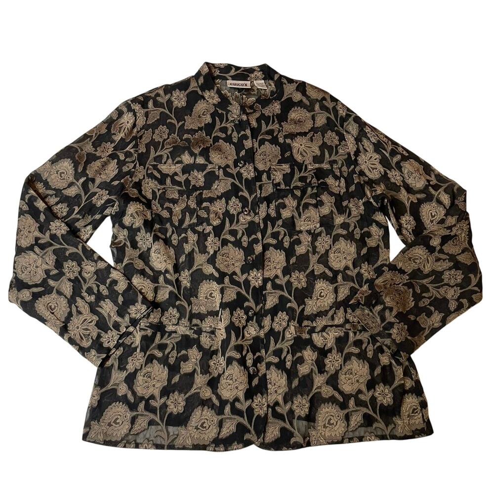 Chico’s Design Silk Blend Black & Gold Floral Button Up Whimsy Goth Boho Top Med